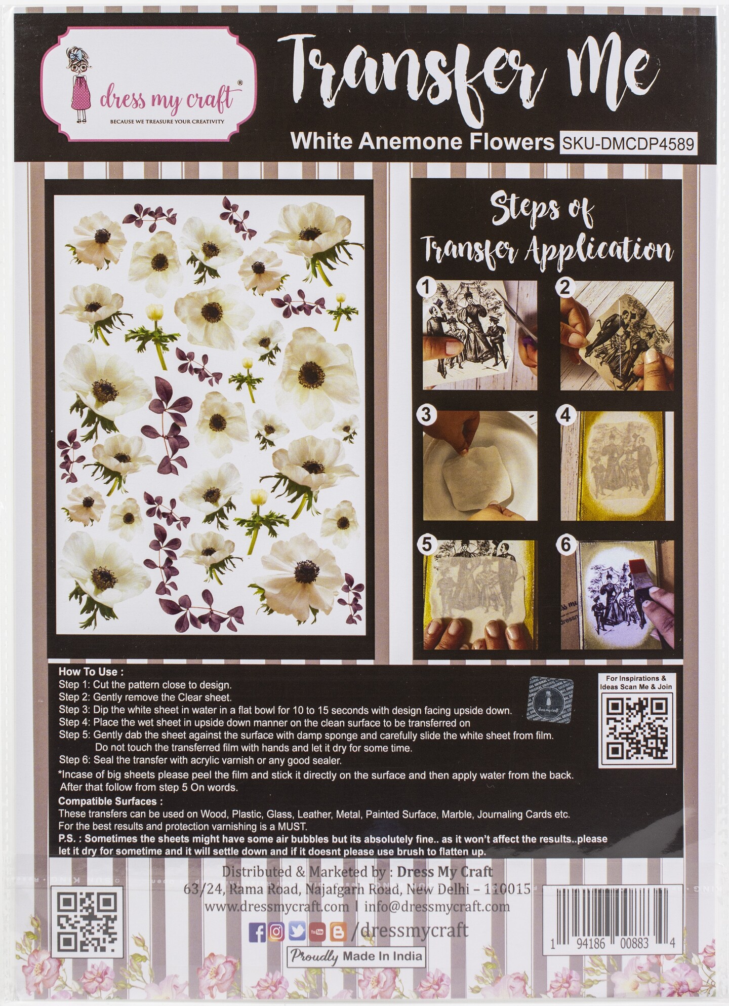Dress My Craft Transfer Me Sheet A4-White Anemone Flowers