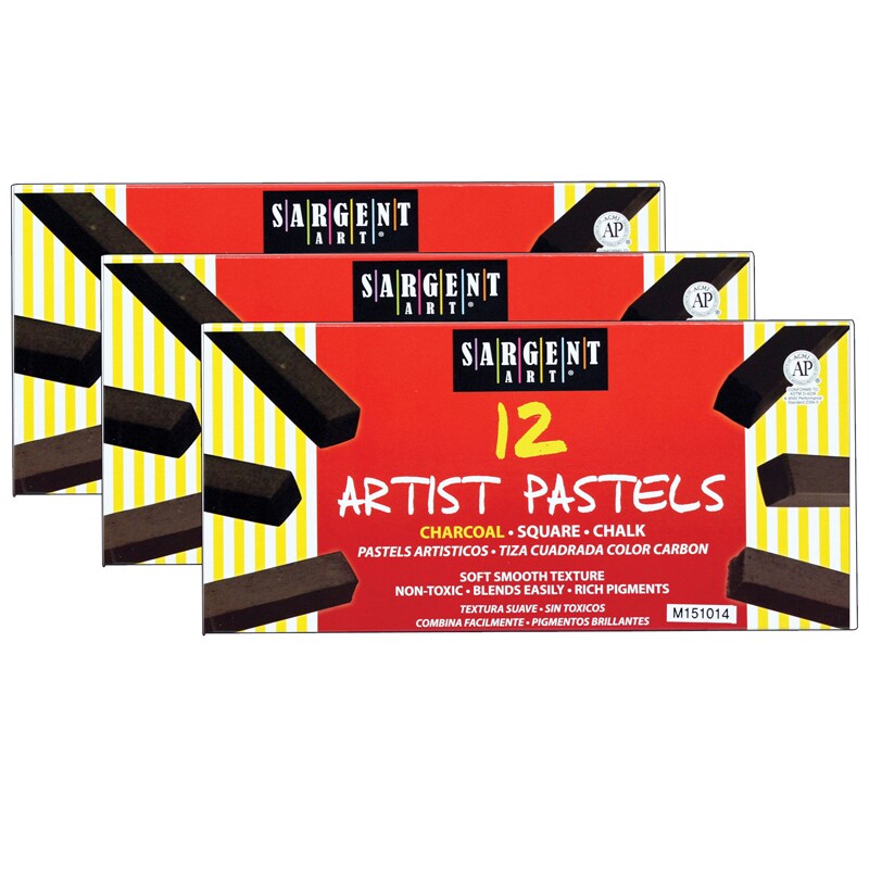 Artist Square Chalk Pastels, Charcoal, 12 Per Pack, 3 Packs