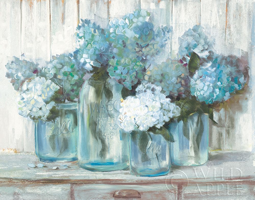 Hydrangeas in Glass Jars Blue Poster Print by Carol Rowan - Item # VARPDX46617