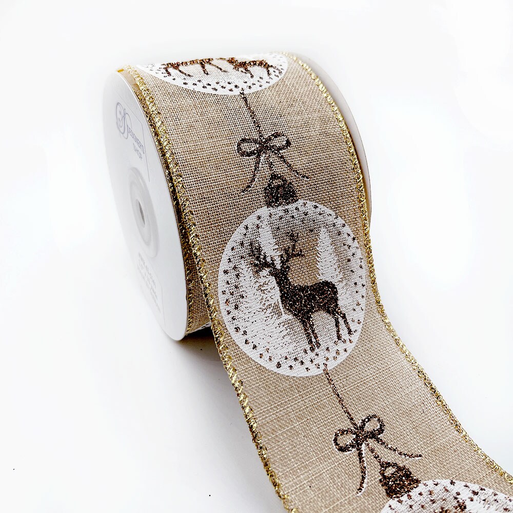 Holiday Reindeer Ornaments Burlap wired edge ribbons, 2.5" x 10 yards