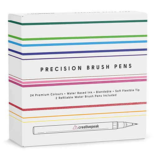 Creativepeak Watercolor Brush Pens - 24 Vibrant Coloring Pens &#x26; 2 Blending Brushes - Premium Quality Art Supplies Featuring Soft, Real Tip - Perfect for Calligraphy, Lettering, Adult Coloring