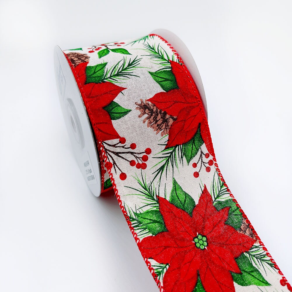 Designer&#x27;s Shop Holiday Poinsettias and Pinecones wired edge ribbons, WR 63-5149, 2.5&#x22; x 10 yards