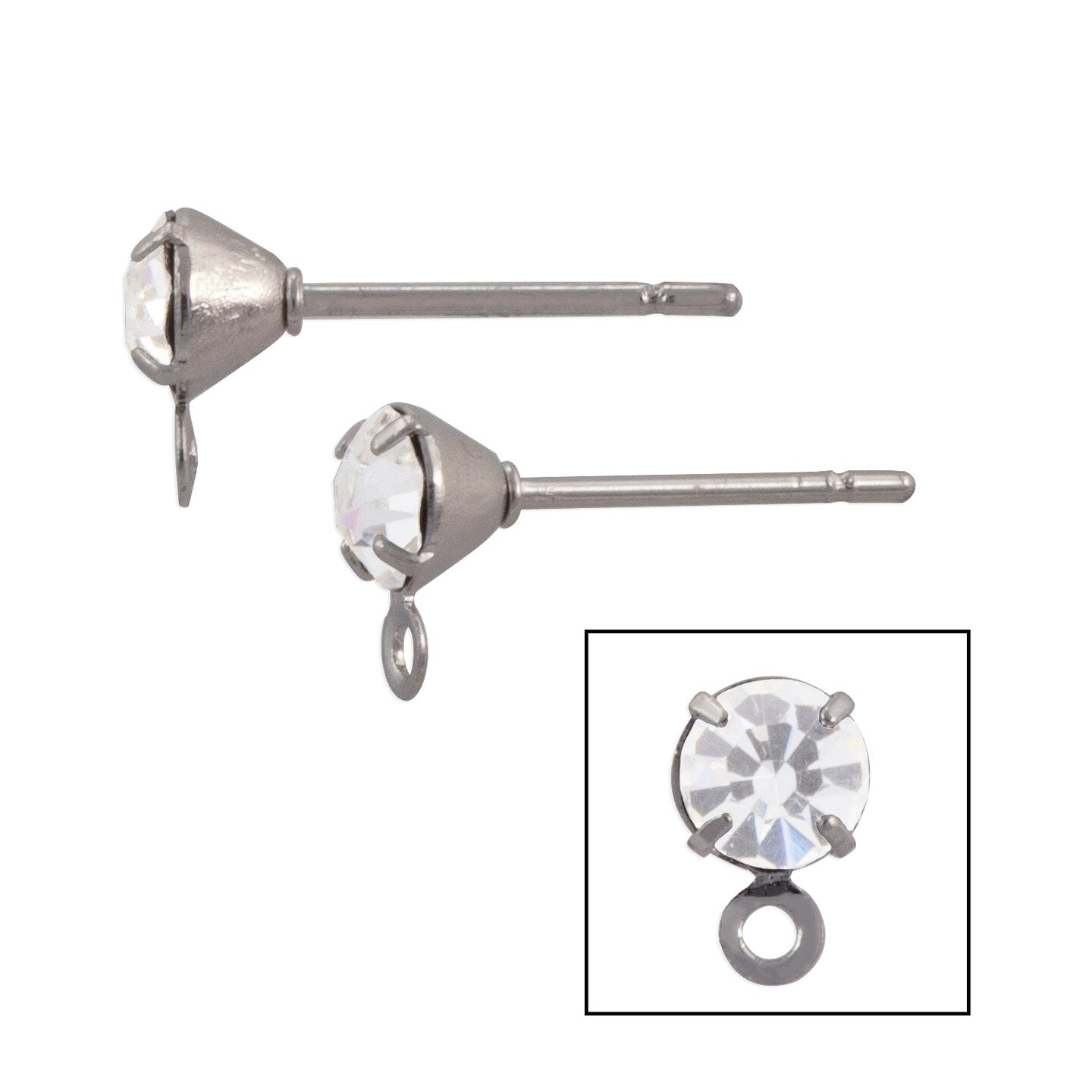 JewelrySupply Surgical Steel Earring Posts with Ring and 4mm Crystal (1 Pair of Earrings)