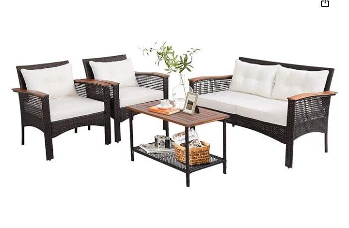 4-Piece Patio Furniture Set, Patiojoy Acacia Wood Outdoor PE Wicker Conversation Set with Cushions, PE Rattan Sectional Sofa Set for Lawn, Porch, Poolside, Backyard (Off White)