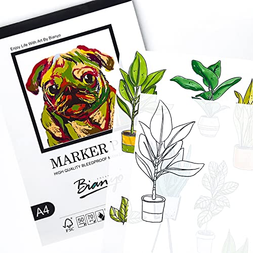Bleedproof Marker Paper Pad, A4(8.27"X11.69"), 50 Sheets, 18 LB / 70 GSM, Glue-Bound, 100% Cotton, White, Ideal for Use with Markers and Ink Mediums