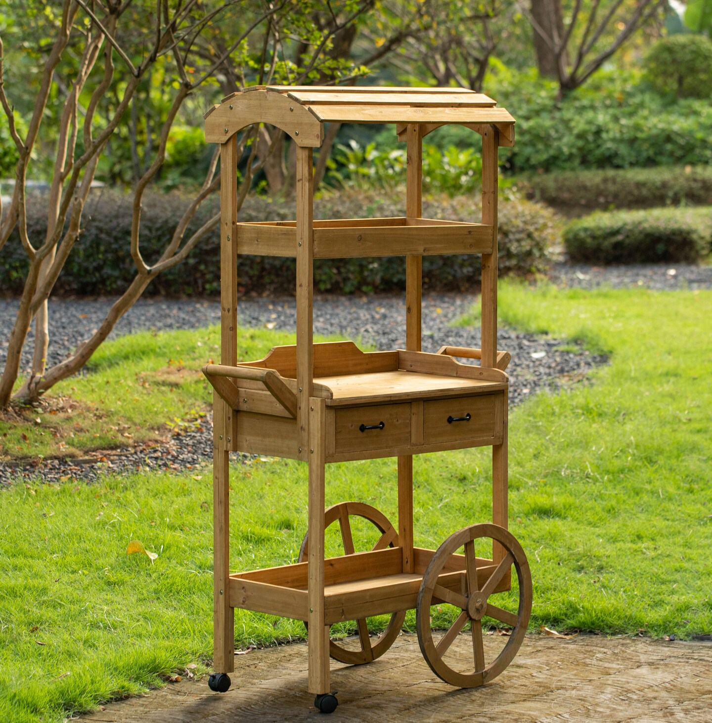 Large Wooden Display Rolling Table with Drawers and Wheels 3 Tier for Display, Modern Wood Wagon with Shelves for Food and More