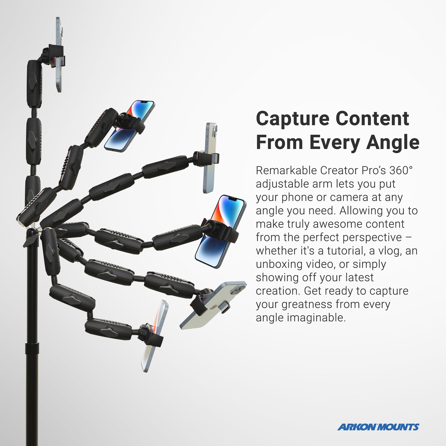 Remarkable Creator Pro+Plus Overhead Phone or Camera Mount with Tablet Holder and Ring Light, Desk Mount, by Arkon Mounts RCBTABLED