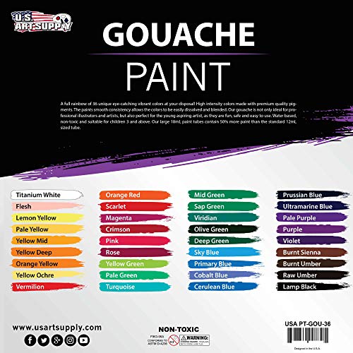 Professional 36 Color Set of Gouache Paint in Large 18ml Tubes - Rich Vivid Colors for Artists, Students, Beginners - Canvas Portrait Paintings - Color Mixing Wheel