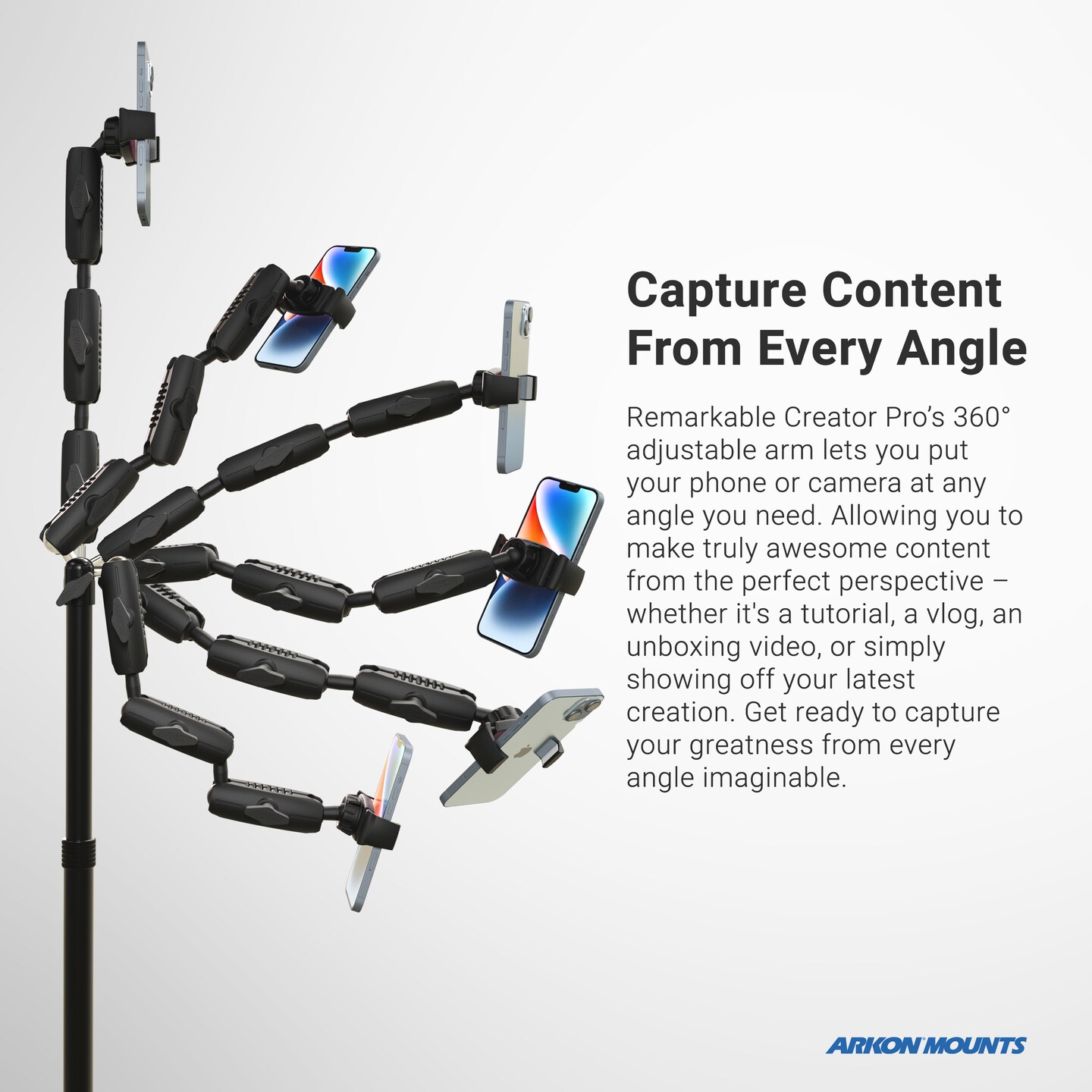Remarkable Creator Pro+Plus Overhead Phone or Camera Mount with Tablet Holder and Ring Light, Clamp Mount, Teal, by Arkon Mounts CLAMPRCBTL