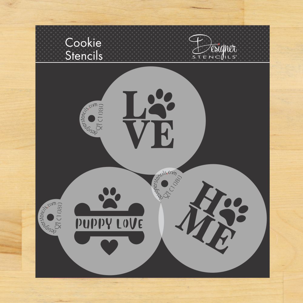 Puppy Love Cookie Stencil Set | C1080 by Designer Stencils | Cookie Decorating Tools | Baking Stencils for Royal Icing, Airbrush, Dusting Powder | Reusable Plastic Food Grade Stencil for Cookies | Easy to Use &#x26; Clean