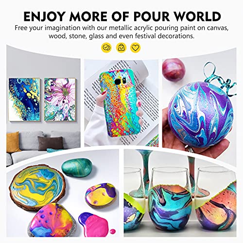 Metallic Acrylic Pouring Paint with Acrylic Pouring Oil, 14 Metallic Colors(60 ml/2 oz) Pre-Mixed High Flow Pour Paint for Halloween Decorations, Acrylic Pouring Paint Supplies for Canvas, Wood, Rocks & More