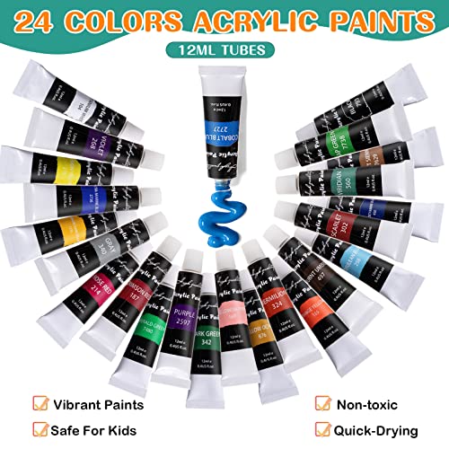 48 Piece Painting kit with 24 Acrylic Paints, 8 DIY Wooden Stencils 5 Canvas Panels 8 Brushes, Table Easel, Etc, Art Supplies Set for Kids Students Artists and Beginner.