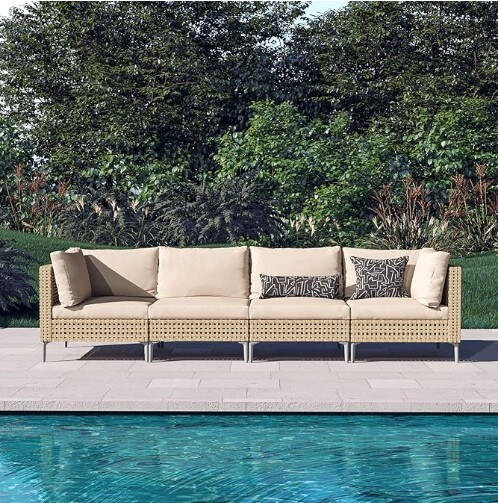 4-Piece Wicker Patio Furniture Set, All-Weather Outdoor Sectional Sofa with Water Resistant Beige Thick Cushions (Coffee Table Not Included)