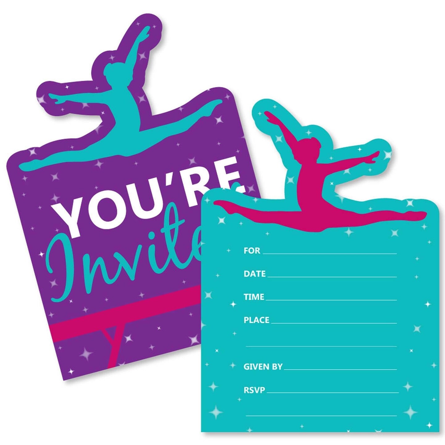 Big Dot of Happiness Tumble, Flip &#x26; Twirl - Gymnastics - Shaped Fill-in Invites - Birthday or Gymnast Party Invite Cards with Envelopes - Set of 12