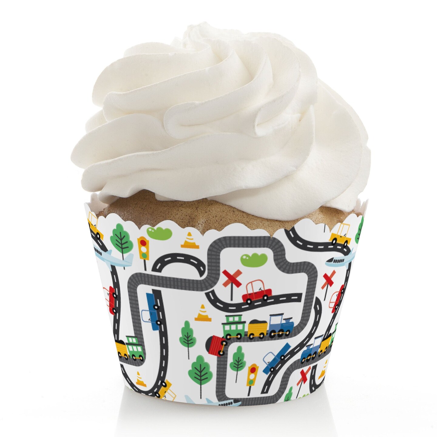 Big Dot of Happiness Cars, Trains, and Airplanes - Transportation Birthday Party Decorations - Party Cupcake Wrappers - Set of 12