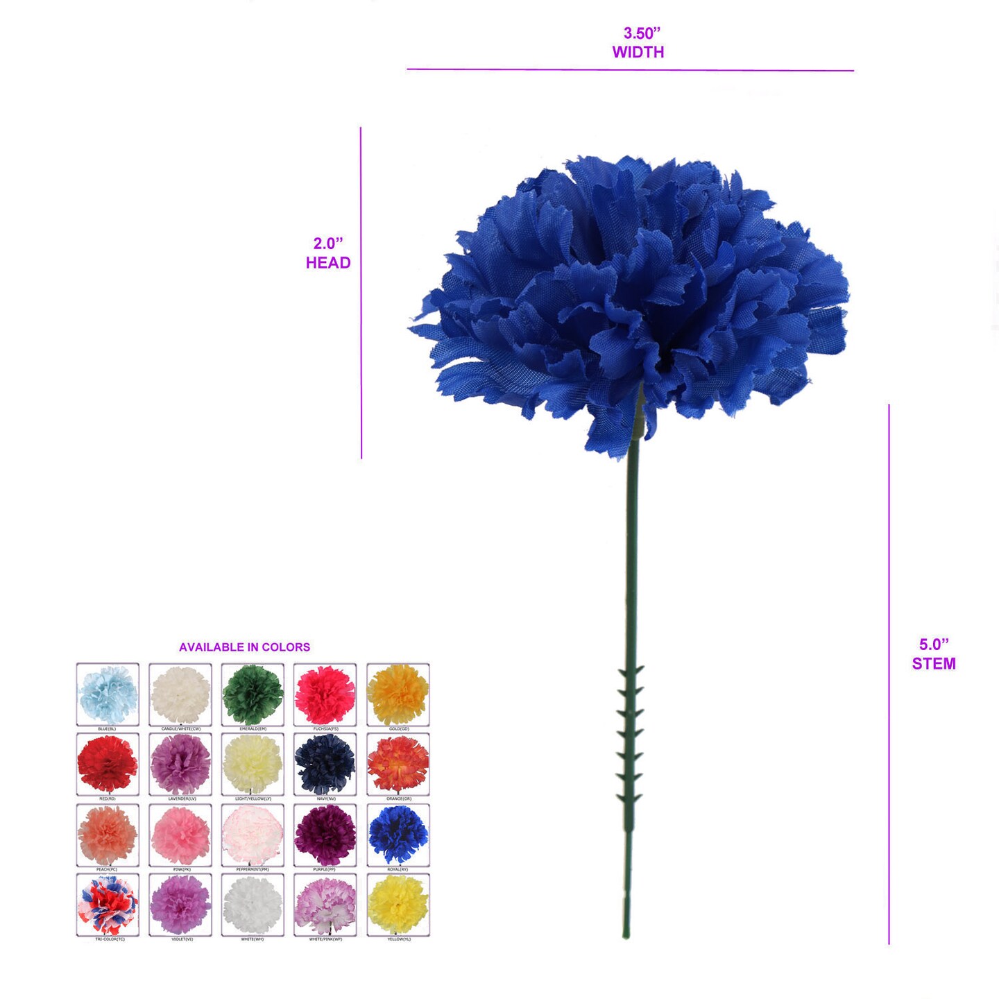 100-Pack: Royal Blue Carnation Picks, 5" Stems, 3.5" Wide, Floral Home by Artificial Flowers