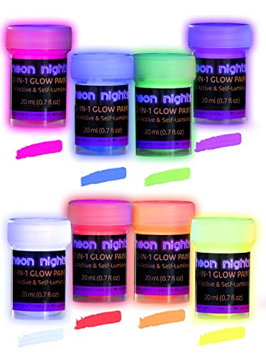 8 Pieces 2-IN-1 Glow In The Dark Acrylic Paint Set Glows in the Dark &#x26; under UV Blacklight - Set of 8 Self-Luminous Neon Paints for Halloween - German Premium Quality - 8 x 20 ml /