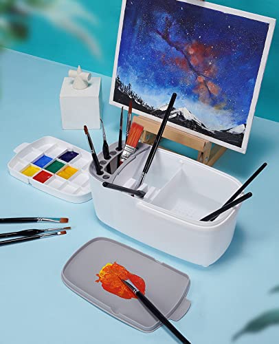 Paint Brush Cleaner - Paint Brush Holder with Palette and Handle, Paint Brush Rinser for Acrylic, Watercolor, and Water-Based Paints, Painting Art Supply Storage Organizer (White+Grey)