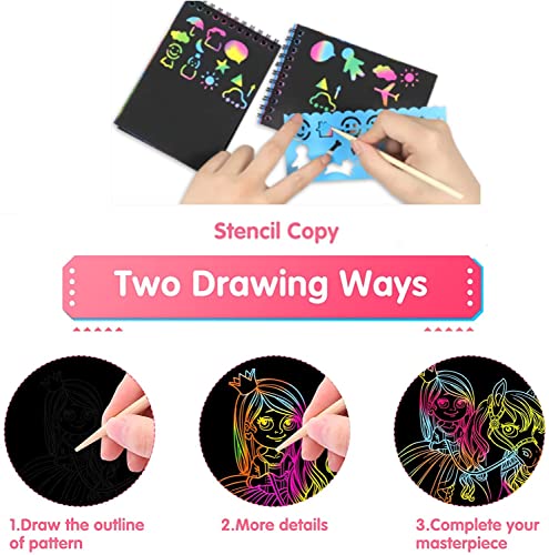 16 Pieces Drawing Notebook Set, Scratch Art Paper Rainbow Mini Notes, Sketch Drawing Pad for Kids Party Favors&#xFF08;with 16 Wooden Stylus &#x26; 4 Drawing Stencils&#xFF09;