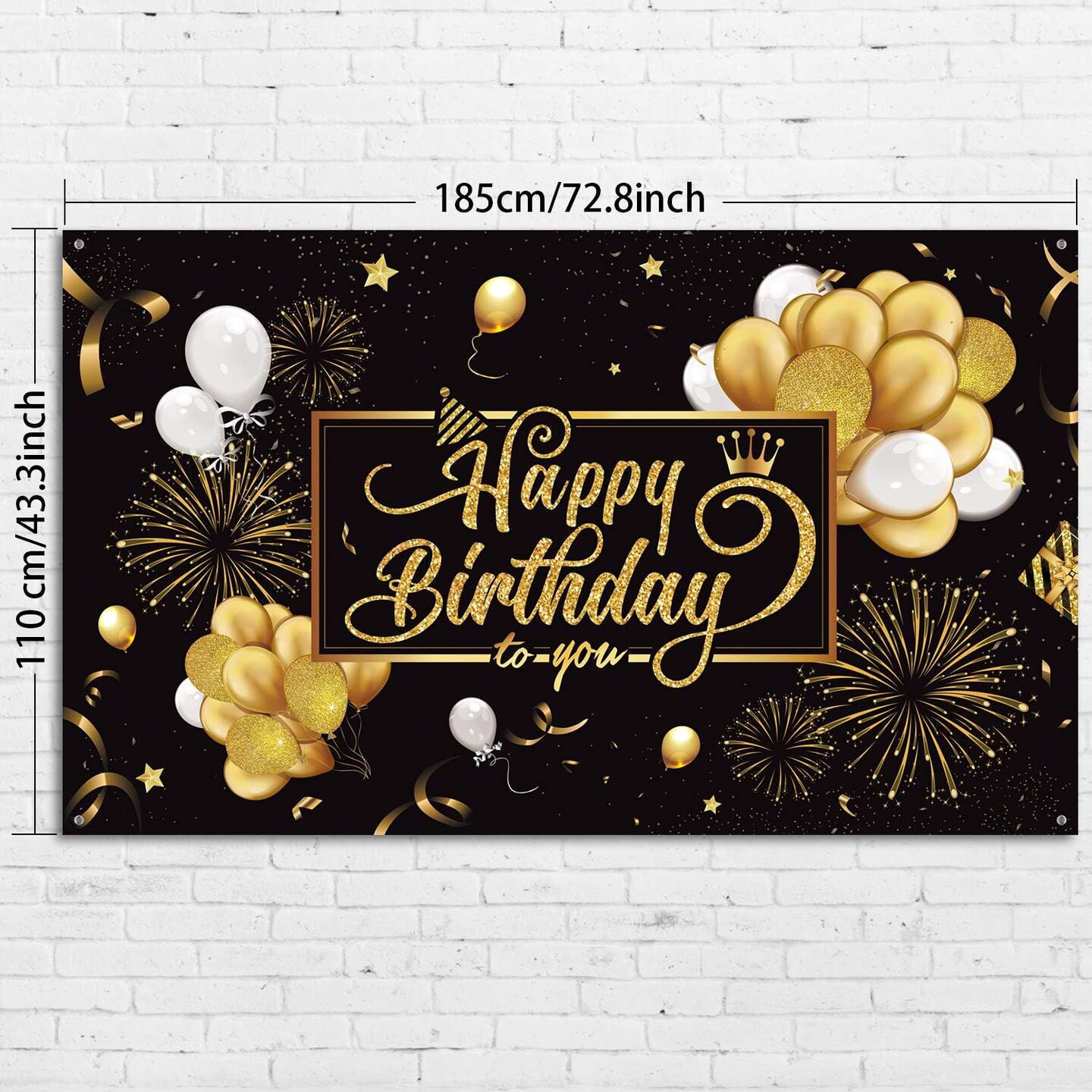 Happy Birthday Backdrop Banner Sign Poster Large Fabric Glitter Balloon Fireworks Sign Birthday Photo Backdrop Background for Birthday Party Decoration Supplies, 72.8 x 43.3in (Black and Gold)