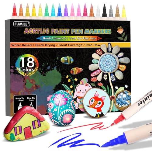FUMILE 18 Colors Dual Tip Acrylic Paint Pens, Paint Pens Paint Markers With Extra Fine Tip and Brush Tip for Wood, Rock, Plastic, Glass, Ceramic, Canvas, Paper.Paint Markers for DIY Craft and Gifts.