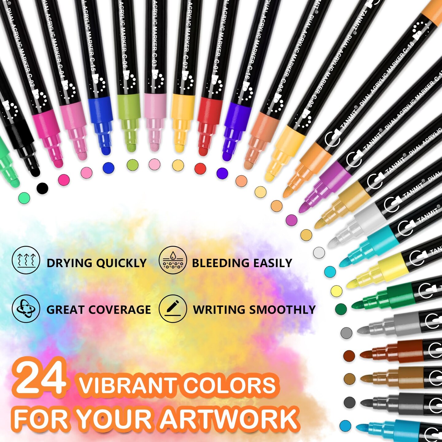 Acrylic Paint Pens Markers, 24 Colors Dual Tip Acrylic Paint Pens for Rock Painting, Wood, Canvas, Stone, Glass, Ceramic Surfaces, DIY Crafts Making Art Supplies (Round Tip and Fine Tip)