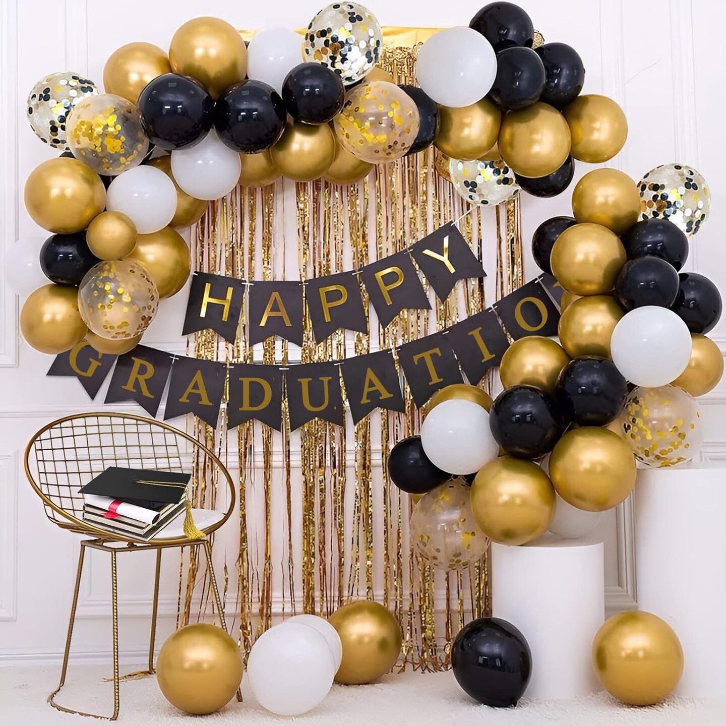 72 Pack Black Gold Confetti Balloons Kit, 12 Inch Black Gold White Balloons and Gold Confetti Balloons with Balloon Ribbons for Graduation Birthday Wedding Baby Shower Party Decorations