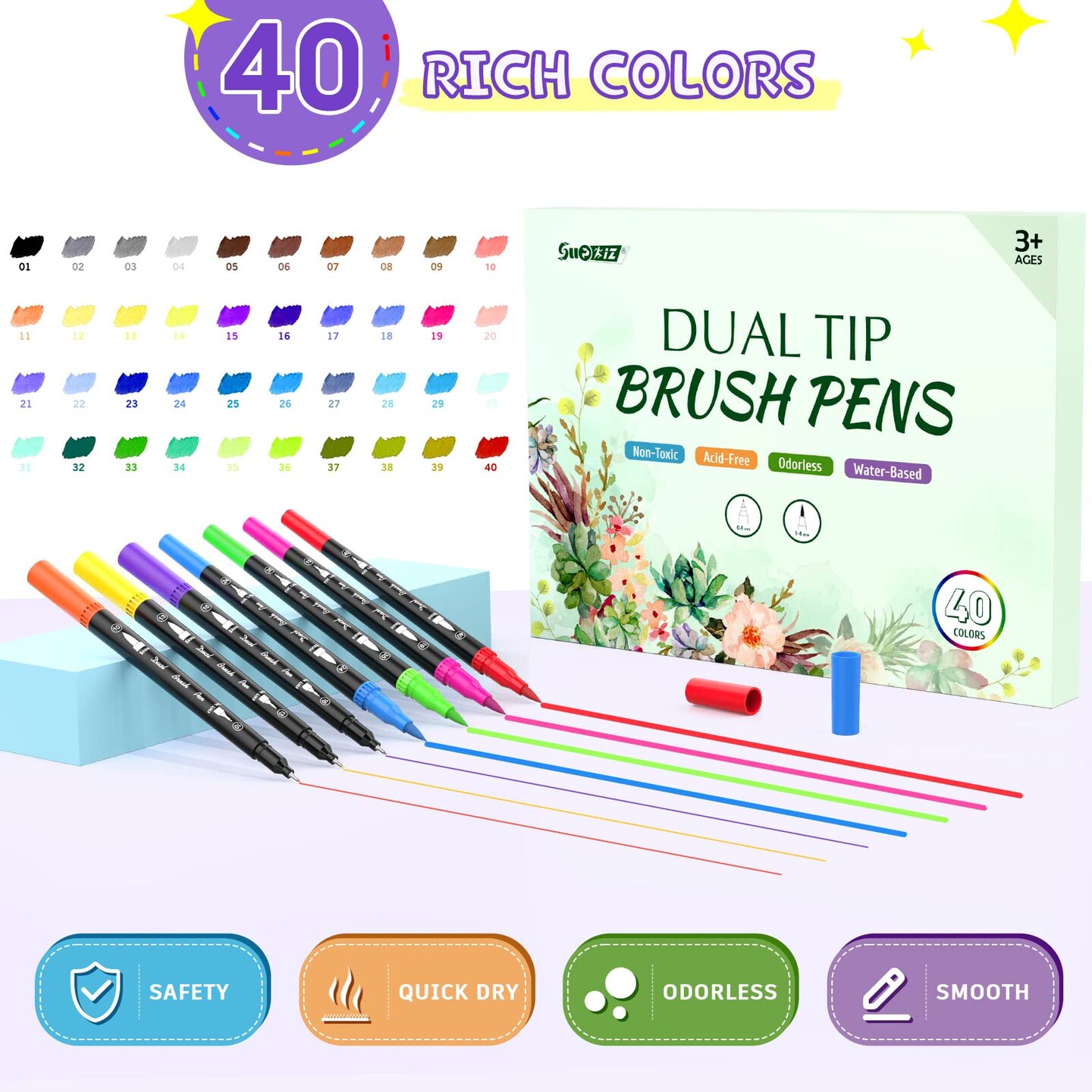 Dual Tip Coloring Markers, 40 Color Brush Pens Set, Kids Adults Artist Fine Point Marker Pens, Watercolor Pens for Lettering, Drawing, Journaling, Note taking, Writing