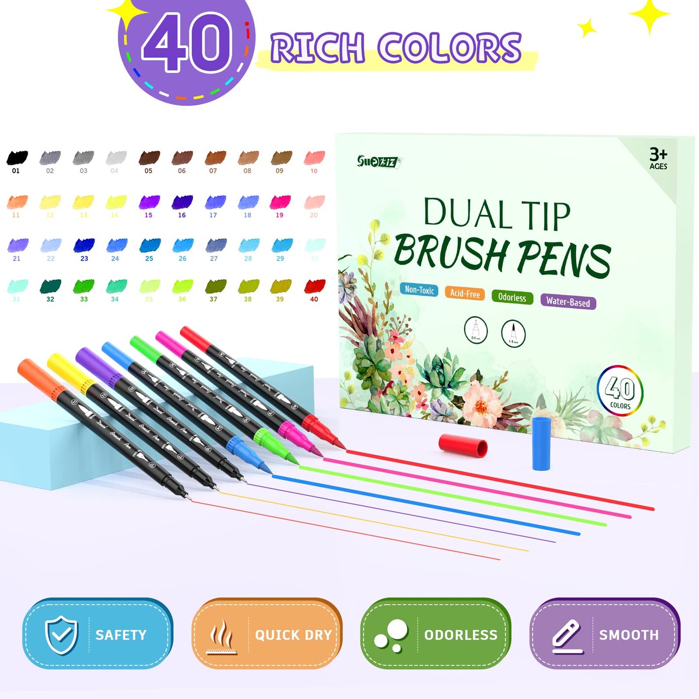 40 Color Brush Pens Set, Kids Adults Artist Fine Point Marker Pens, Watercolor Pens for Lettering, Drawing, Journaling, Note taking, Writing