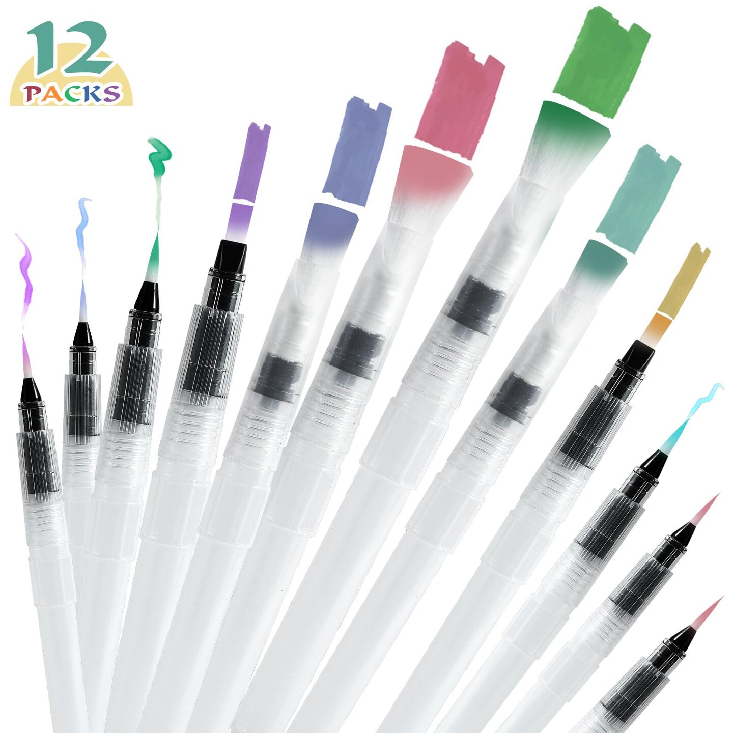 12 Pieces Watercolor Brush Pens, Premium Water Brush Pen Leakproof with Assorted Tips, Water Brush Pens for Watercolor, Refillable Watercolor Pens, Watercolor Paint Pens, Arts Value Set