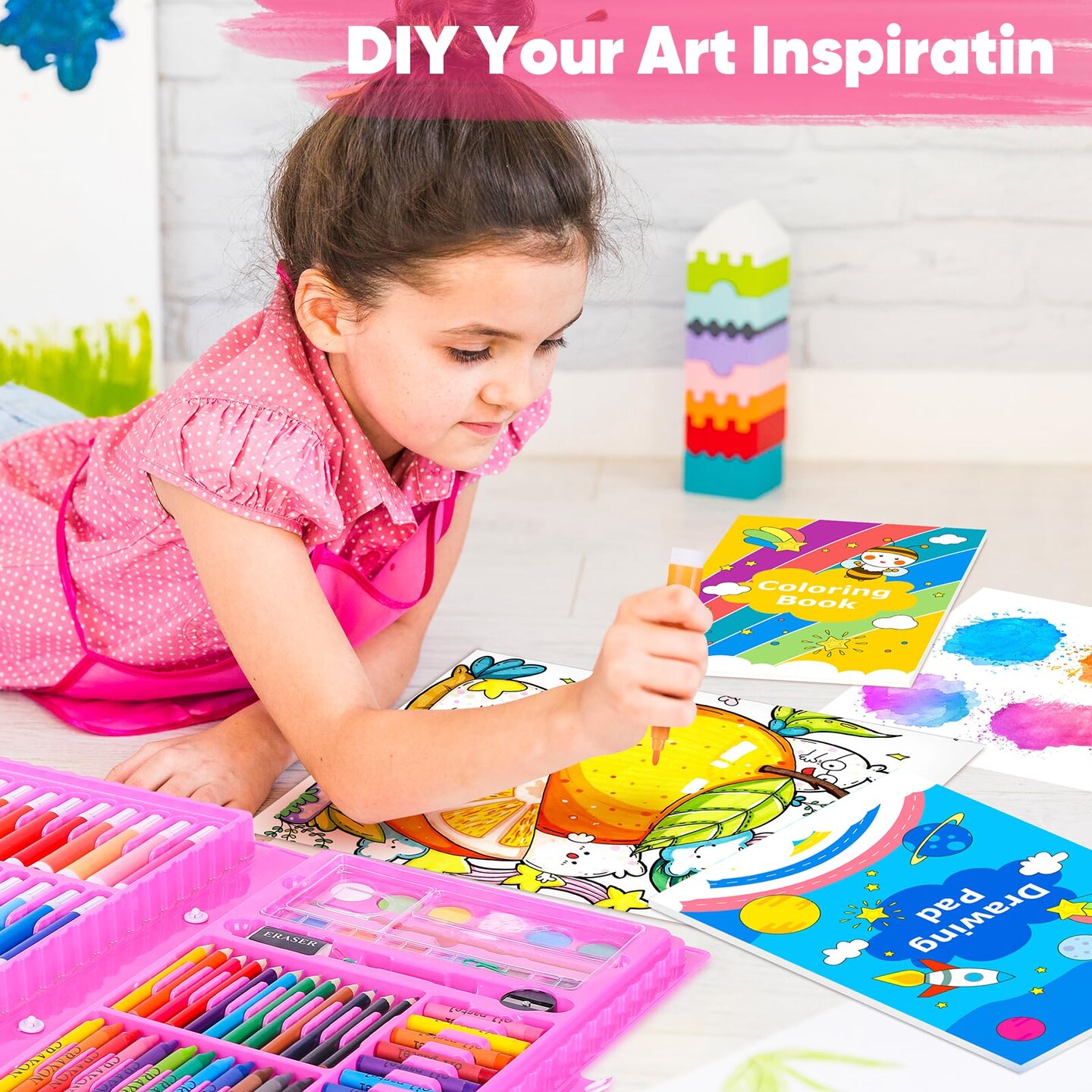 149 Pieces Drawing Kit Painting Art Set Art Kits Gifts Box, Arts and Crafts for Kids Girls Boys, with Coloring Book, Crayons, Pastels, Pencils, Watercolor Pens (Pink)