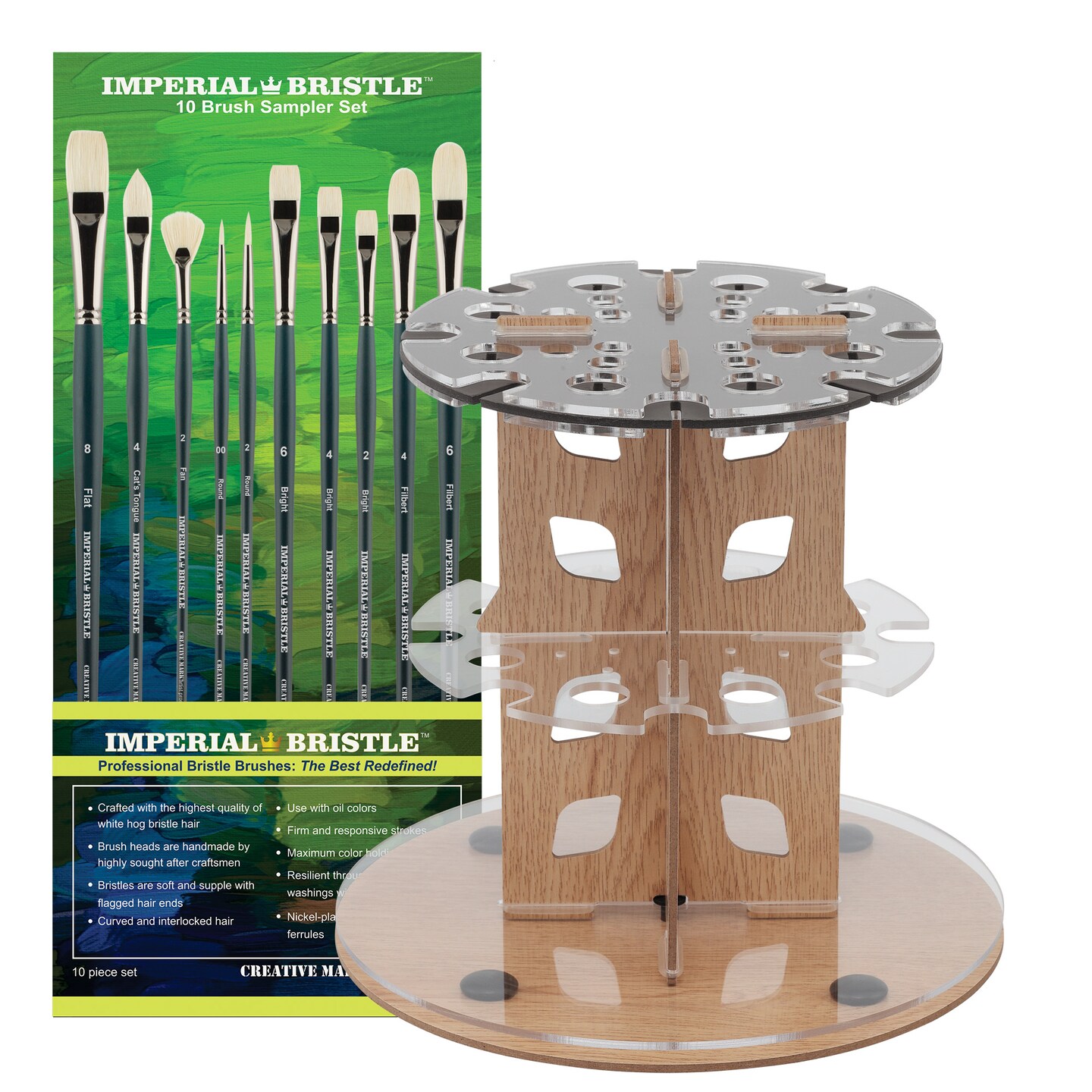 Mezzo Rotating Paint Brush Storage Rack w/ Oil Paint Brushes- Imperial Professional Chungking Handmade Natural Hog Bristle Brush Set- 10 Assorted Sizes w/ Brush Drying Carousel- Holds Up to 28 Brushes