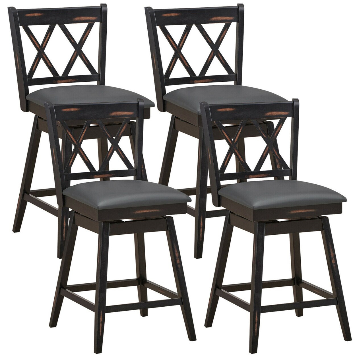 Set Of 4 Barstools Swivel Counter Height Chairs W/Rubber Wood Legs