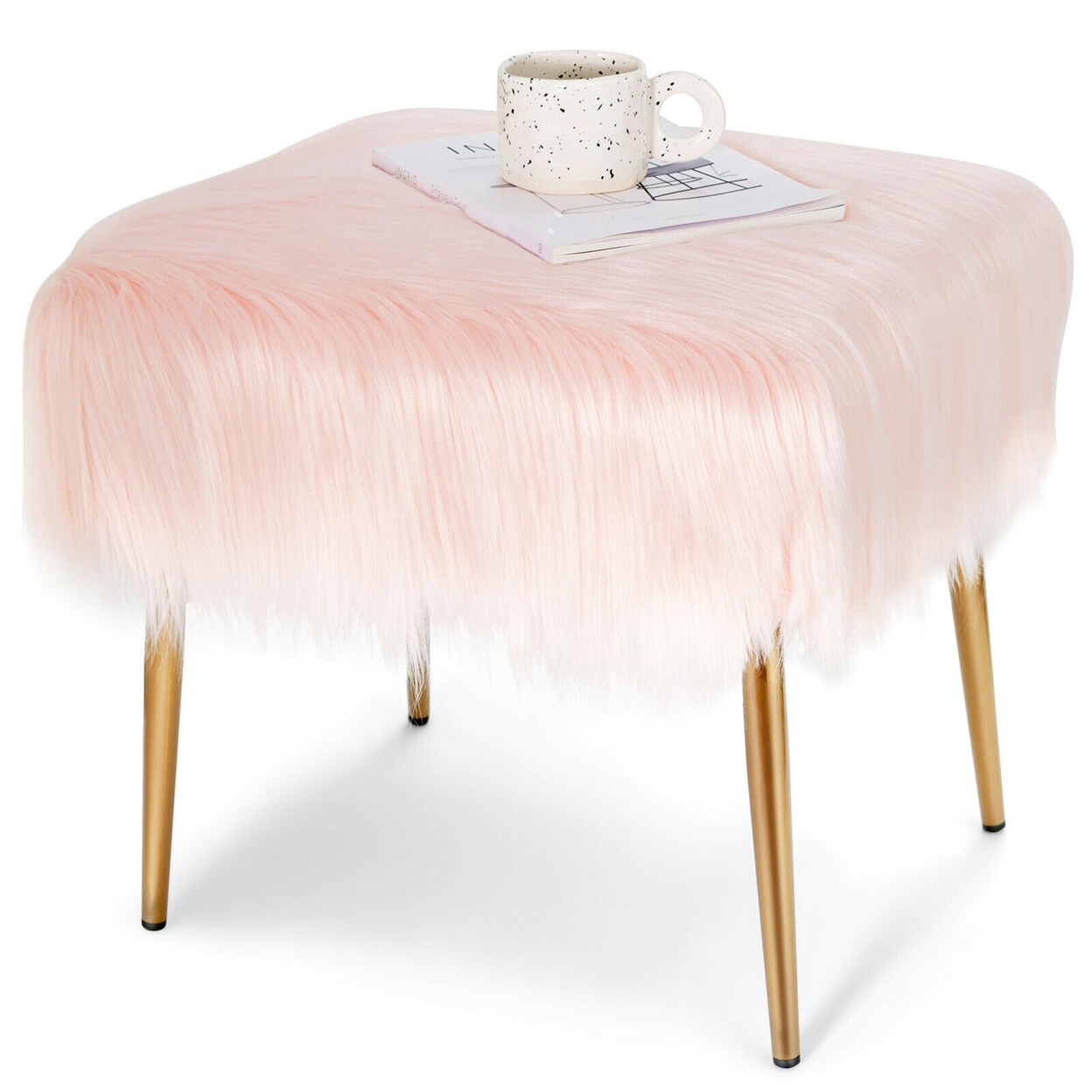Gymax   Faux Fur Vanity Stool Square Furry Ottoman w/ Golden Metal Legs
