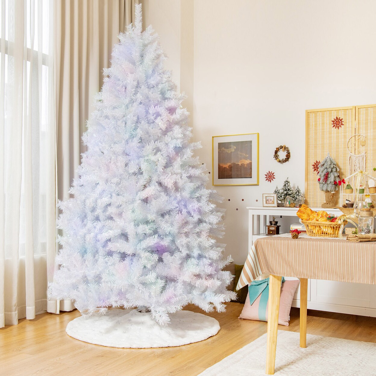 6/7/8 Ft White Artificial Christmas Tree Hinged Unlit Iridescent Xmas Tree