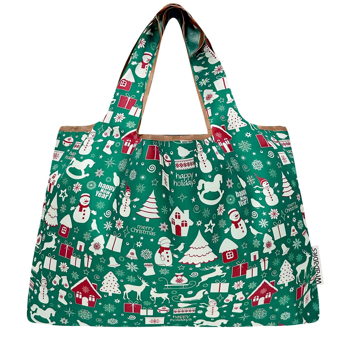 Wrapables Large Foldable Tote Nylon Reusable Grocery Bags, Christmas Green