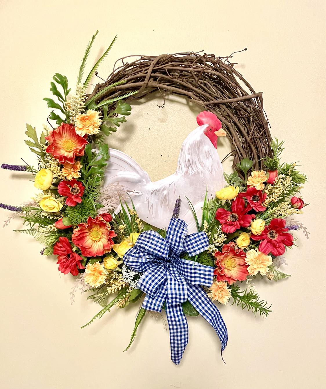 Summer chicken wreath with poppies and wildflowers and blue gingham bow