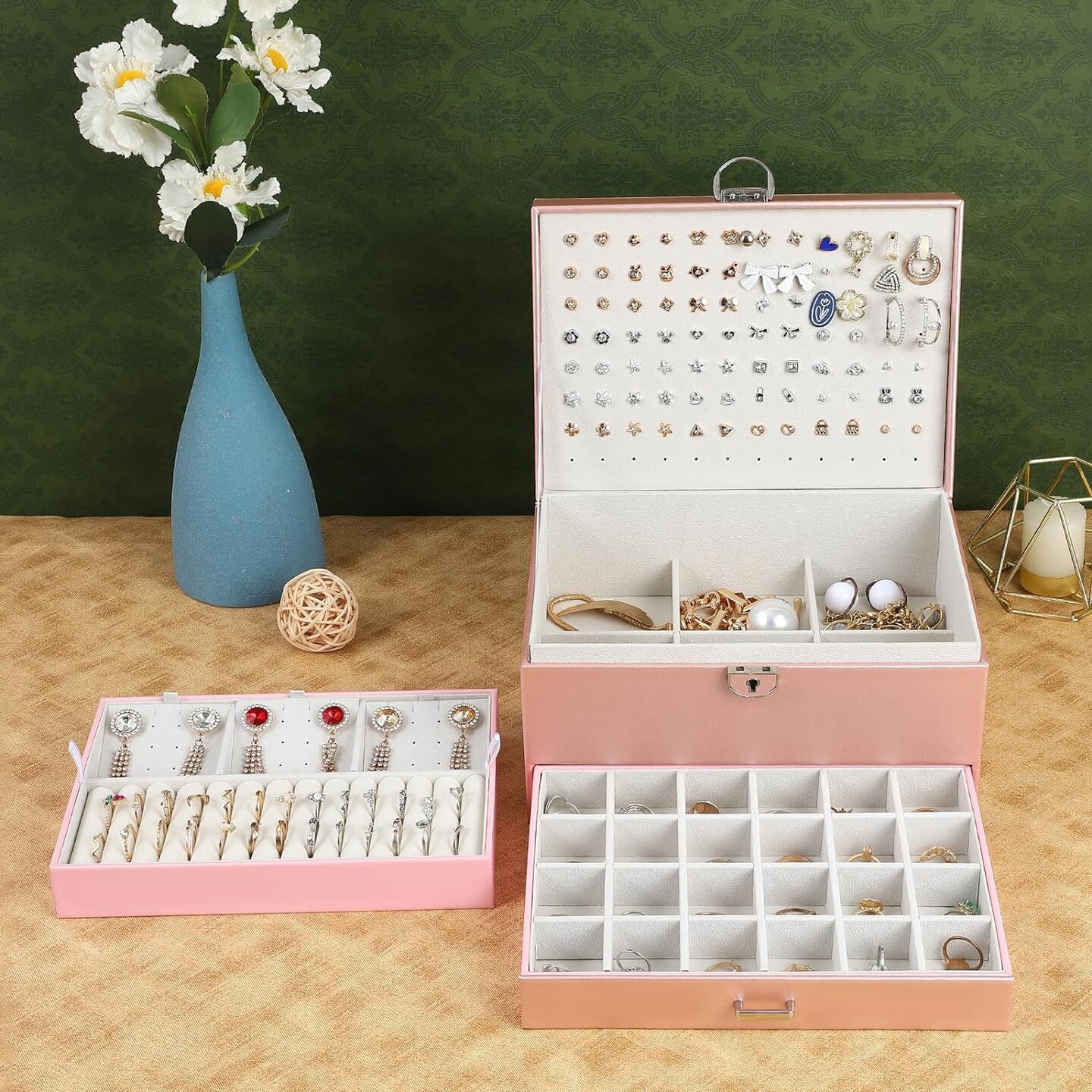 5-Layer Earring Jewelry Box with Lock – Stud, Necklace, Ring Organizer for Women and Girls