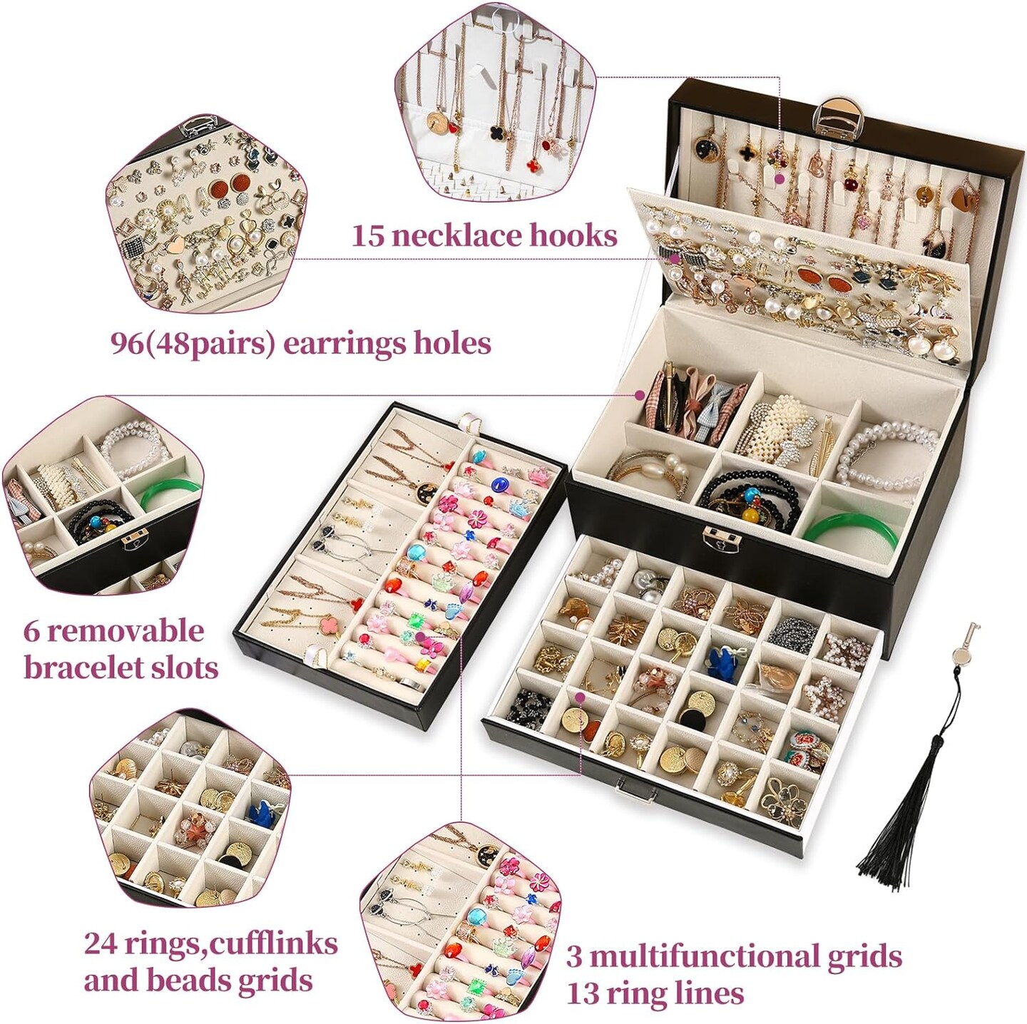 5-Layer Earring Jewelry Box with Lock – Stud, Necklace, Ring Organizer for Women and Girls
