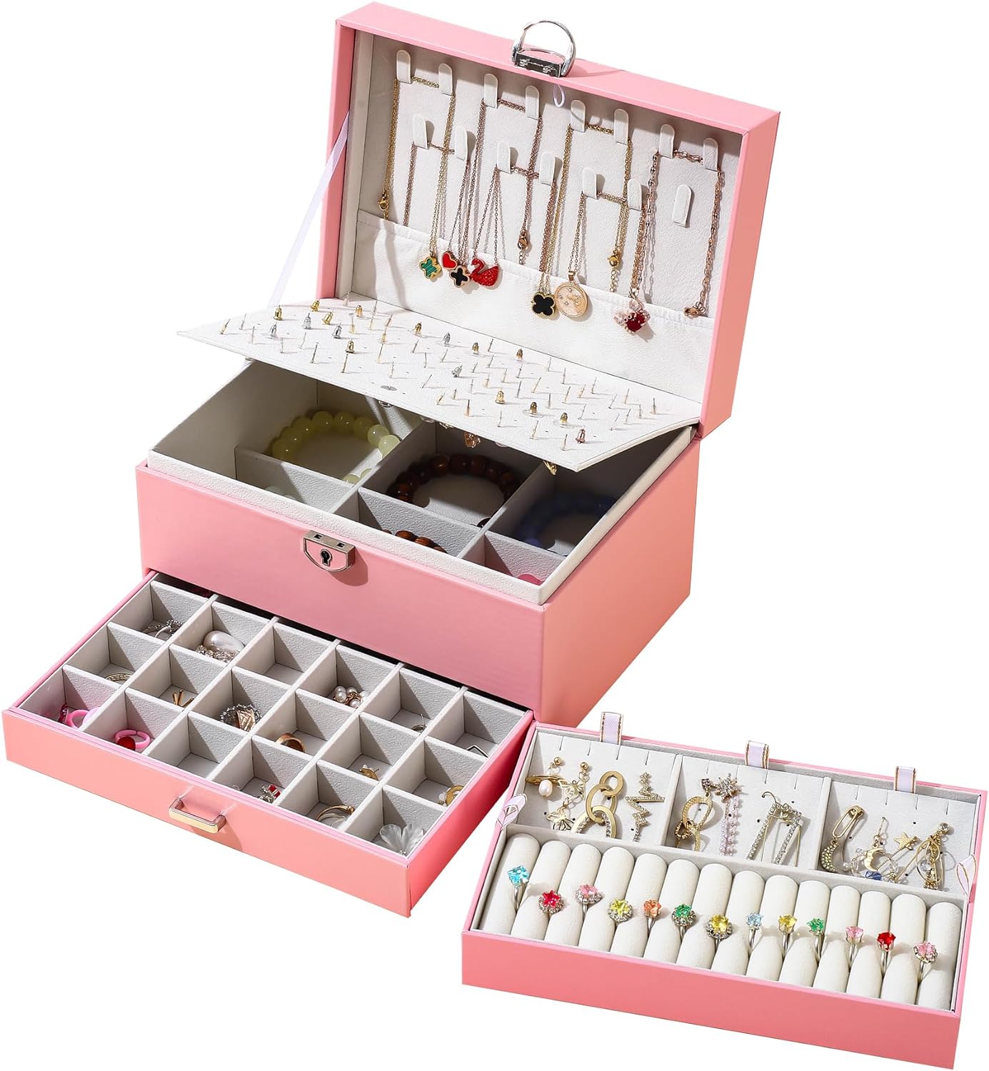 5-Layer Earring Jewelry Box with Lock – Stud, Necklace, Ring Organizer for Women and Girls