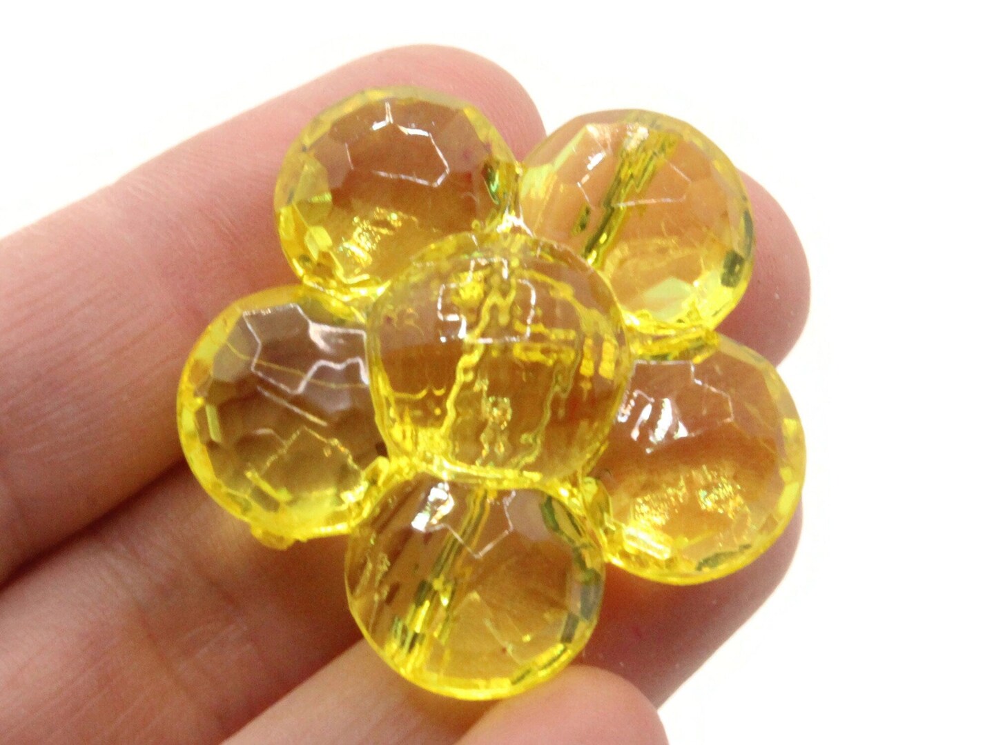 2 35mm Large Yellow Flat Faceted Flower Plastic Shank Buttons