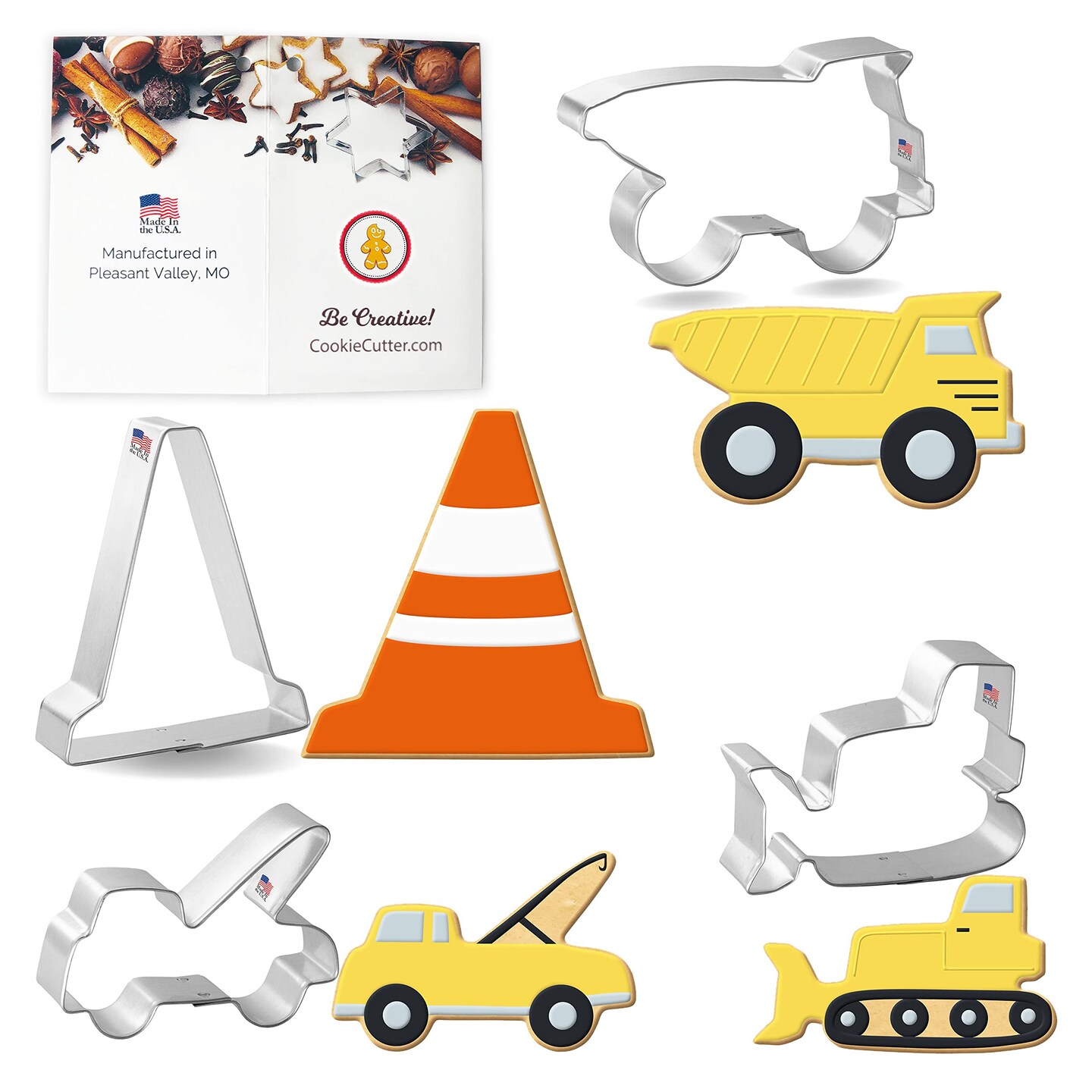 CookieCutter.com Construction 4 Piece Cookie Cutters Set, Bulldozer, Dump Truck, Tow Truck, Traffic Cone, Tin Plate Steel, USA