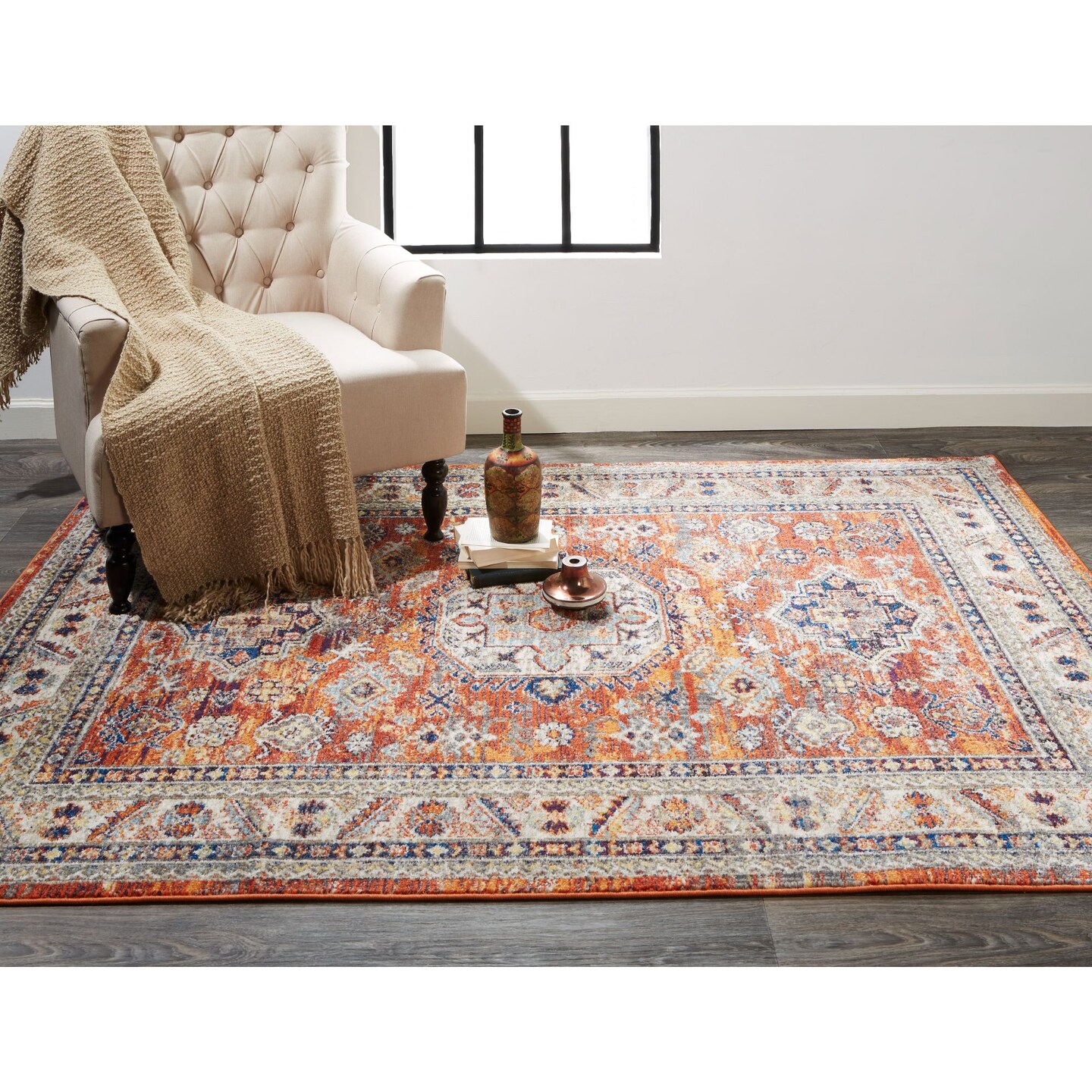 Feizy Home Collection 7.75' x 10.75' Orange and Blue Rustic Bohemian Rectangular Area Throw Rug