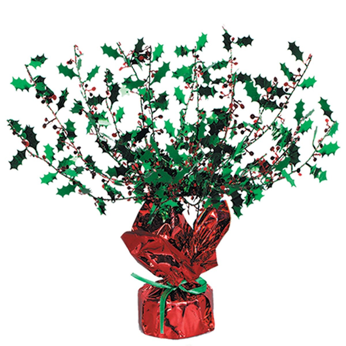 Beistle Club Pack of 12 Red and Green Metallic Gleam &#x27;N Burst Holly Centerpiece Christmas Decorations 15&#x22;