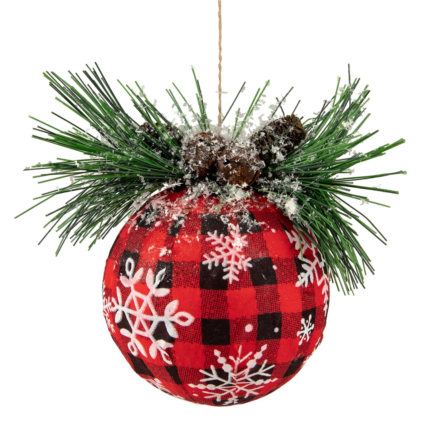 Northlight Buffalo Plaid and Pine Needle Snowflake Christmas Ball Ornament - 5.5" - Black and Red