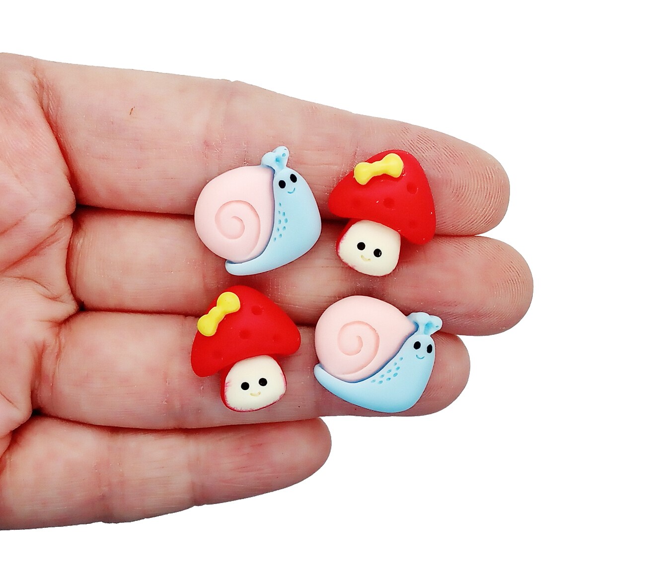 Cute Snail & Mushroom Cabochons, Set of 6 Kawaii Resin Flatbacks, Adorabilities