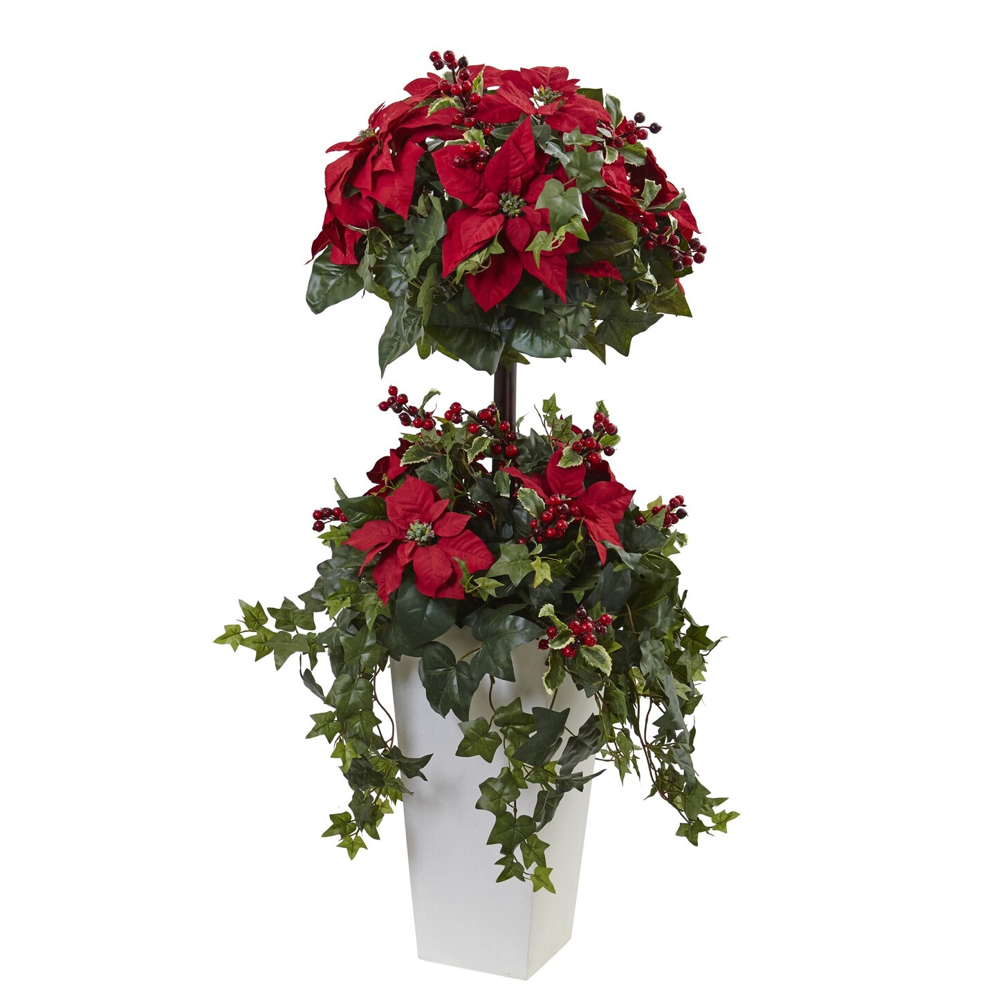 Nearly Natural 4&#x27; Poinsettia and Berry Topiary Artificial Tree in White Planter