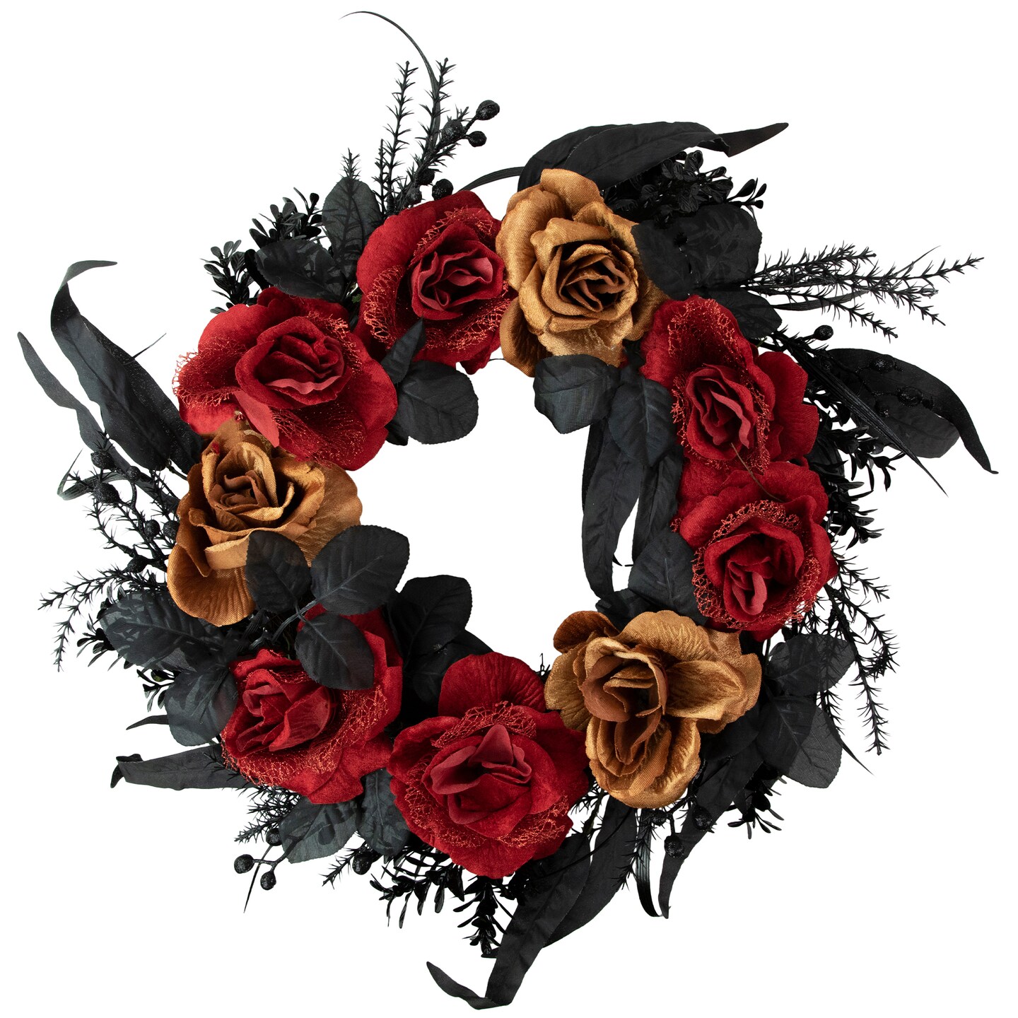 Northlight Red and Gold Roses with Black Foliage Halloween Wreath, 22-Inch, Unlit