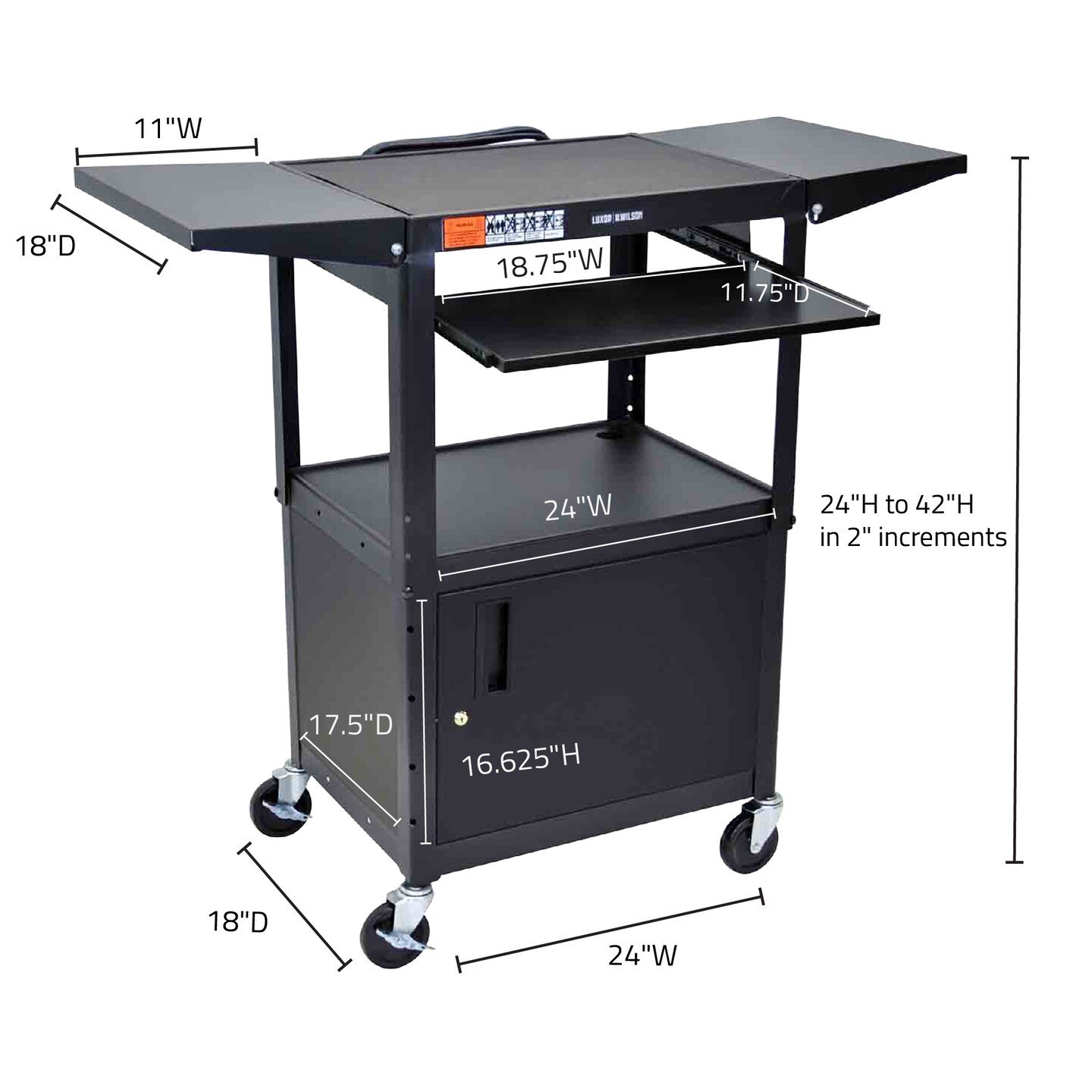 Luxor Office Multipurpose Height Adjustable Steel A/V Cart with Pullout, Cabinet, Drop Leaf