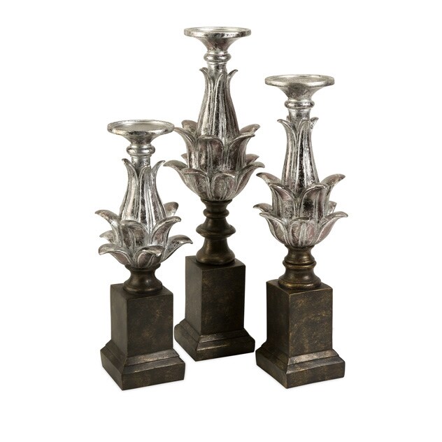 CC Home Furnishings Set of 3 Dramatic Silver Lotus Flower Candlestick Holders